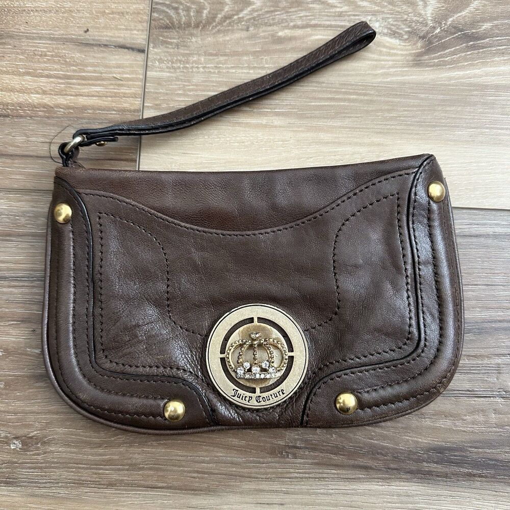 Vintage Juicy Couture Brown Leather Wristlet Crown Rhinestone Medallion Y2K Bag